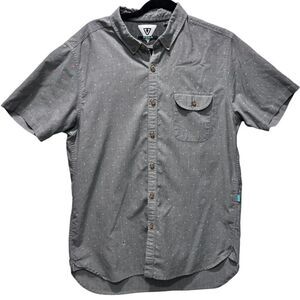 Vissla Short Sleeve Grey White Geometric Print Button Down Shirt Size Large